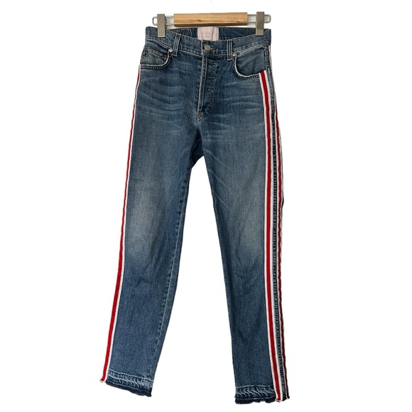 Revice Denim Red Striped Raw Hem Button Fly Skinny Jeans Mid Rise - Picture 2 of 9